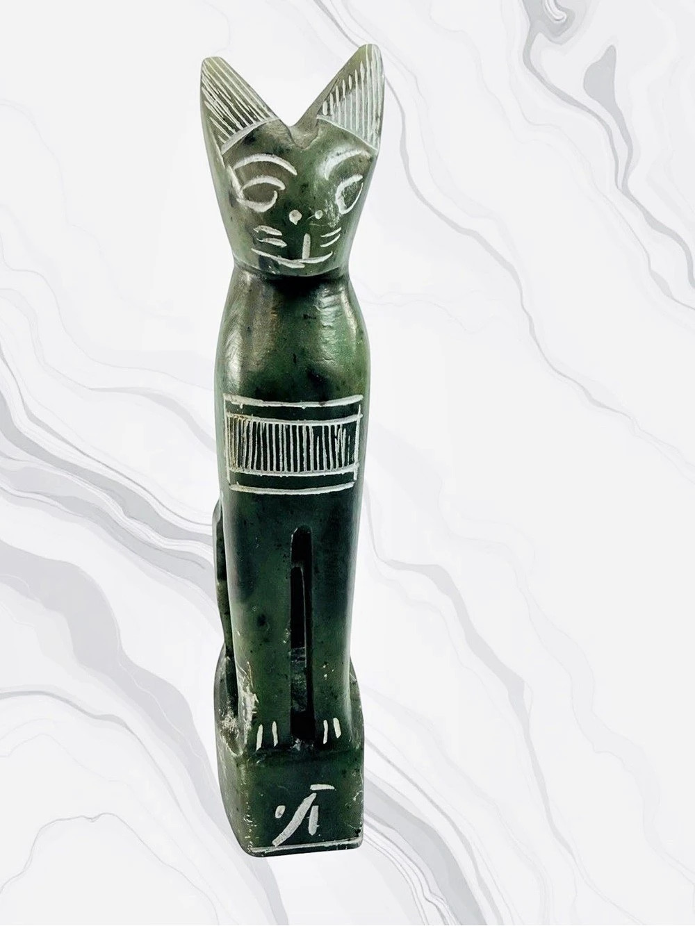 Egyptian Goddess Bastet Cat Feline Statue Figurine Forest Green White Hand Carve